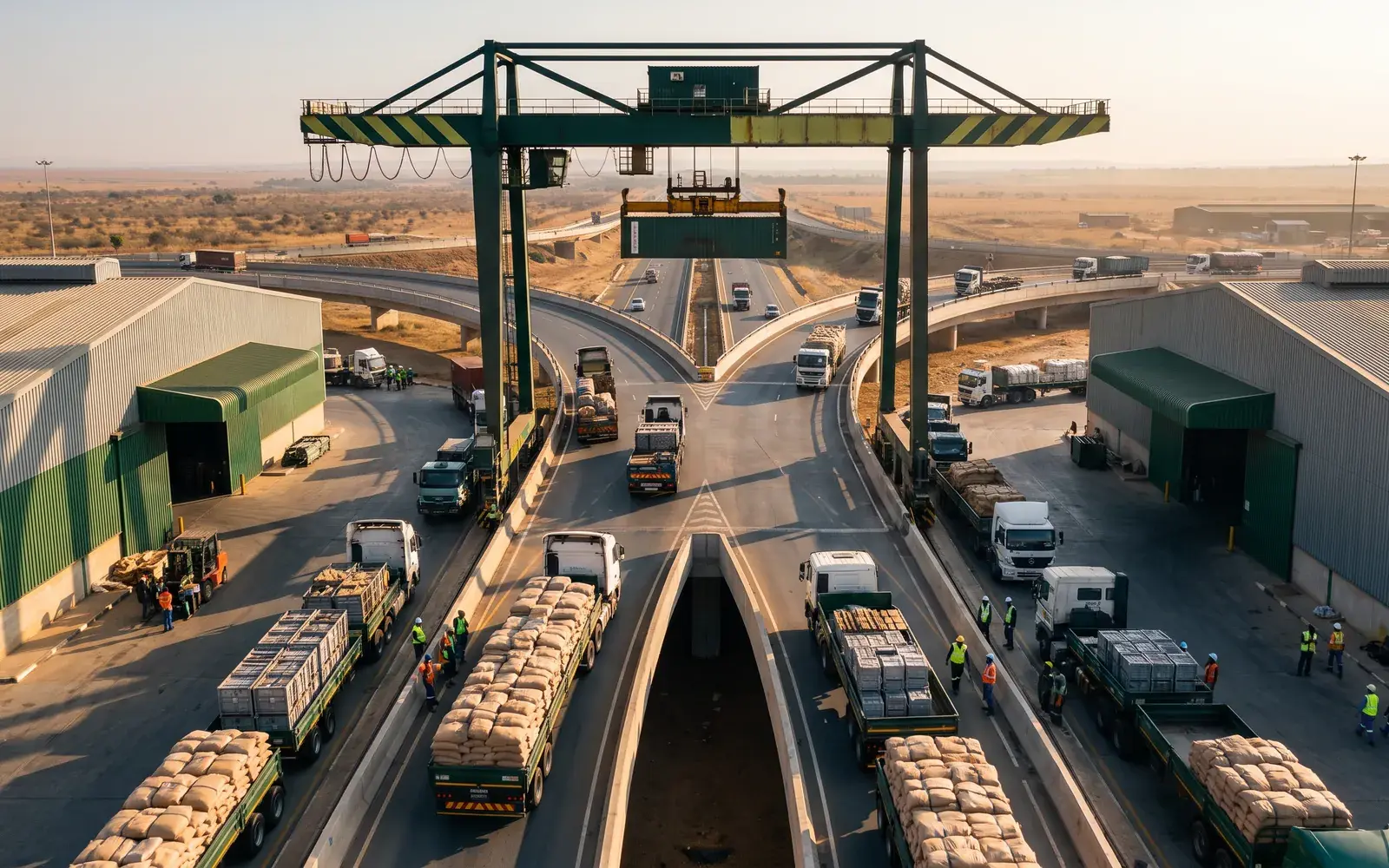 Loaded trucks moving through an inland distribution hub