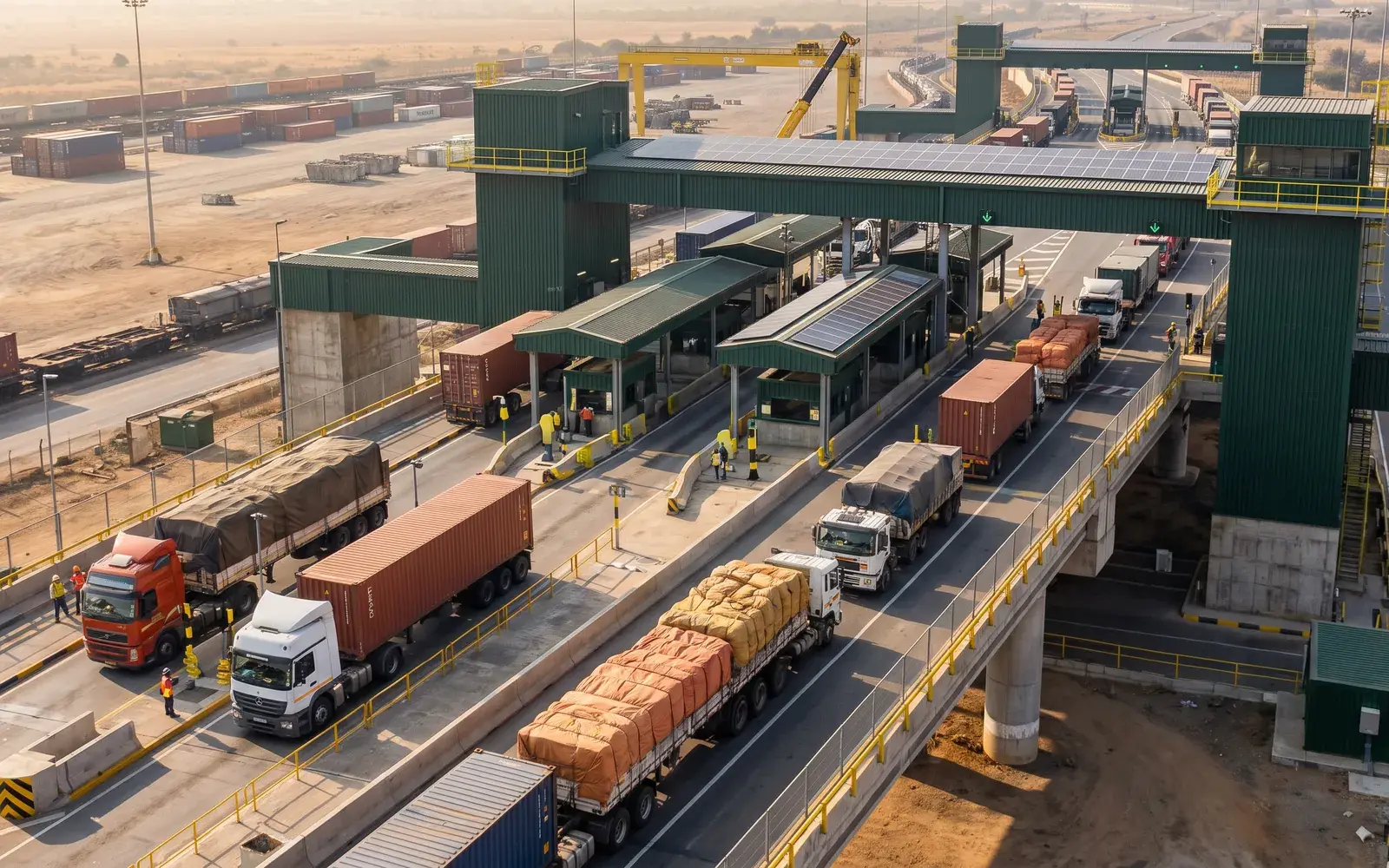 Loaded trucks moving through the lanes of a cross-border freight post