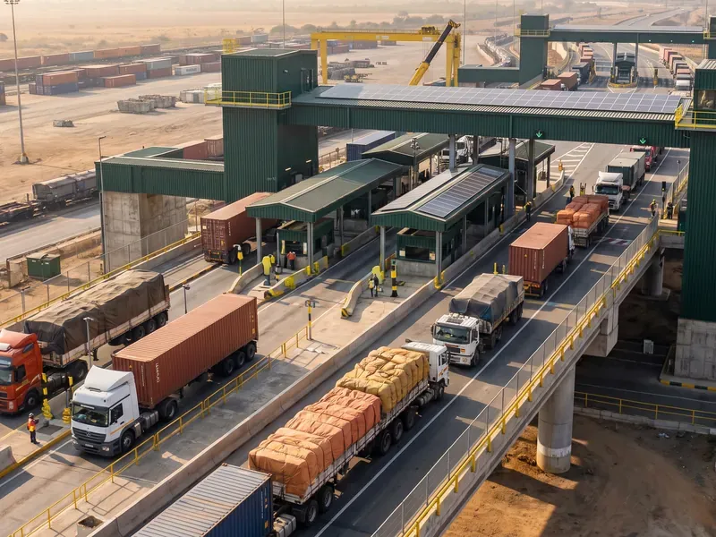 Loaded trucks moving through the lanes of a cross-border freight post