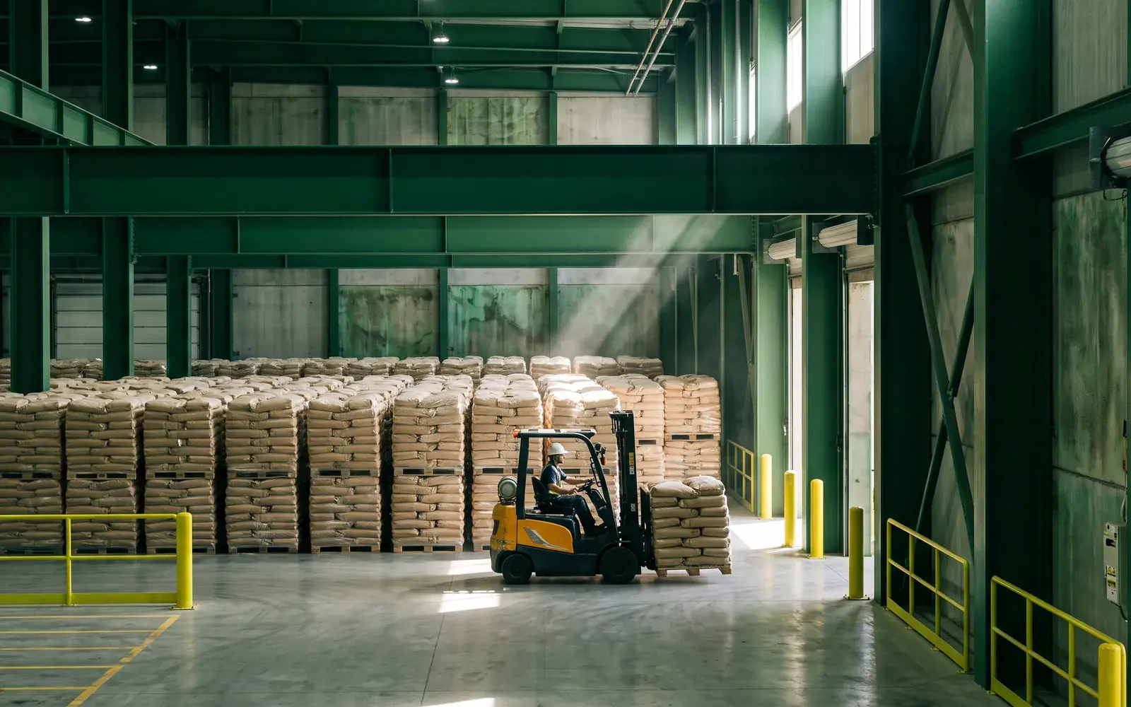A forklift moving sealed bags in a large fertiliser dispatch hall