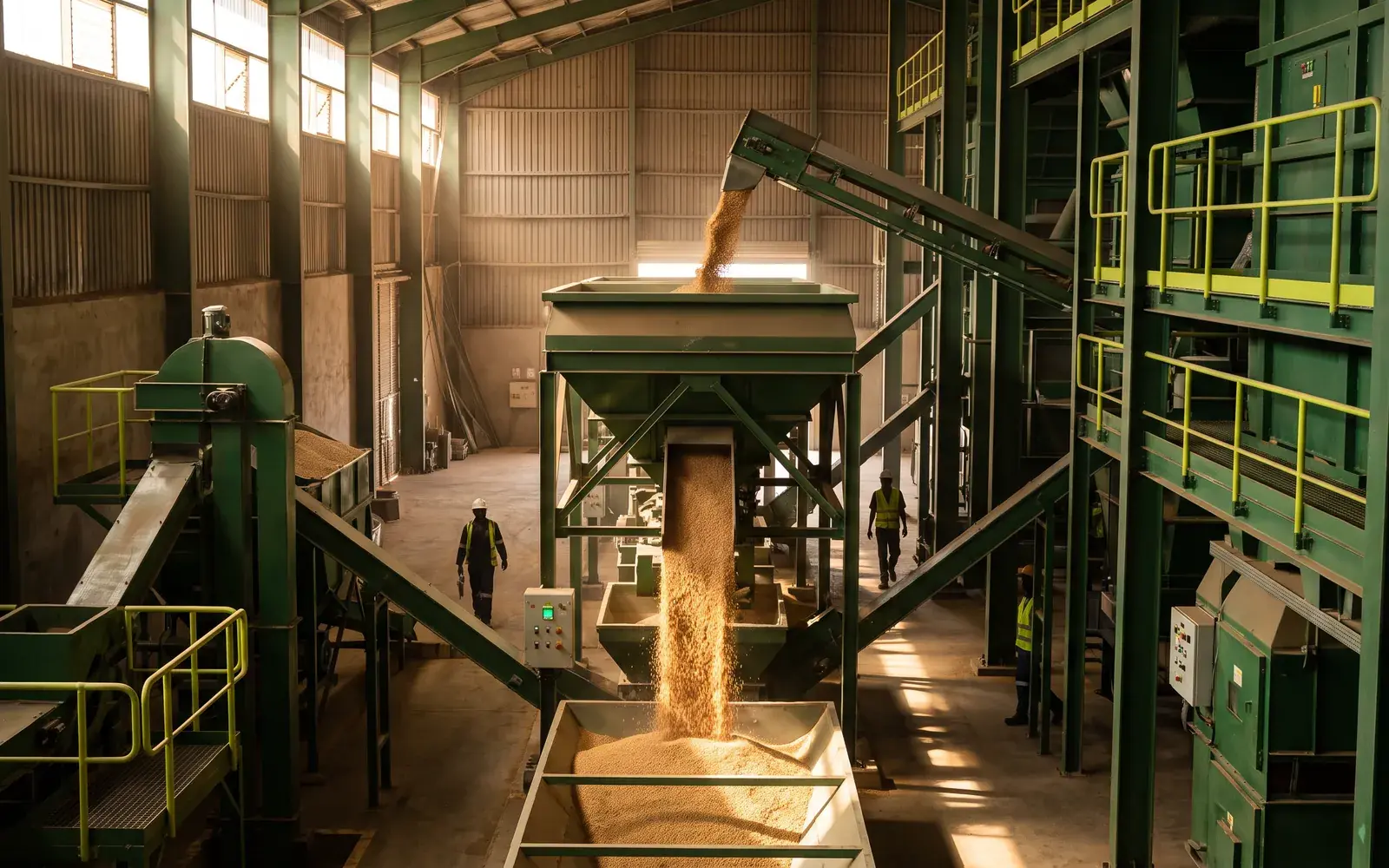 Grain flowing from a conveyor into a hopper in a grain-handling hall