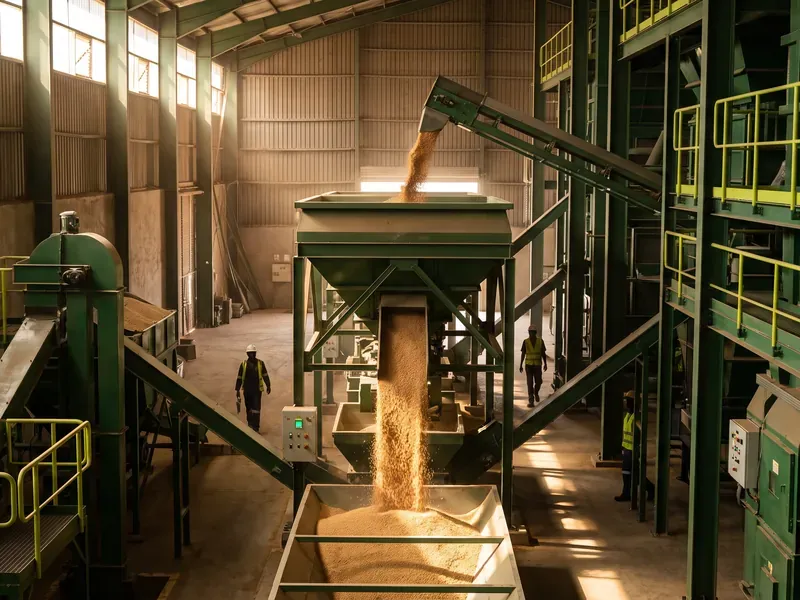Grain flowing from a conveyor into a hopper in a grain-handling hall